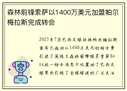 森林前锋索萨以1400万美元加盟帕尔梅拉斯完成转会